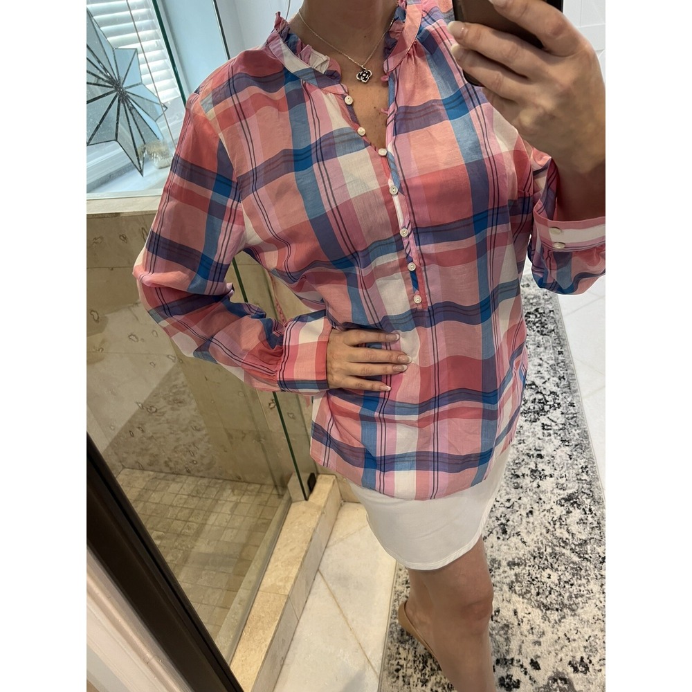 Talbots Plaid Popover Blouse Top Ruffle Collar Sz L New Pink Blue White
